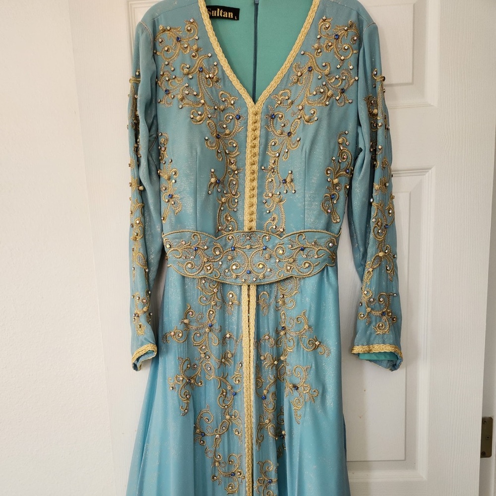 Ulta Beauty Teal and Gold Embroidered Long Sleeve Dress